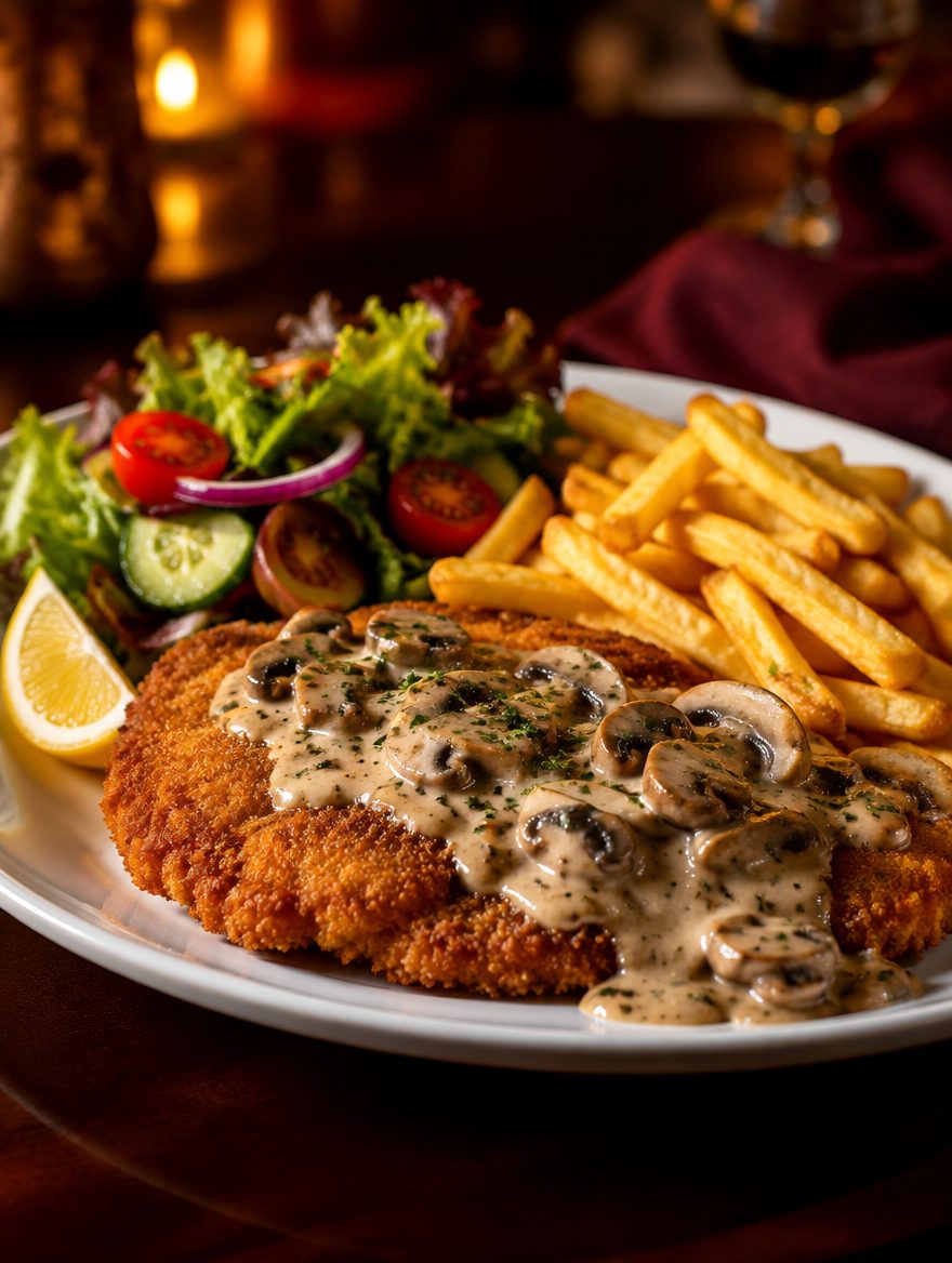 Schnitzel mit Champignonsauce, Pommes und Salat